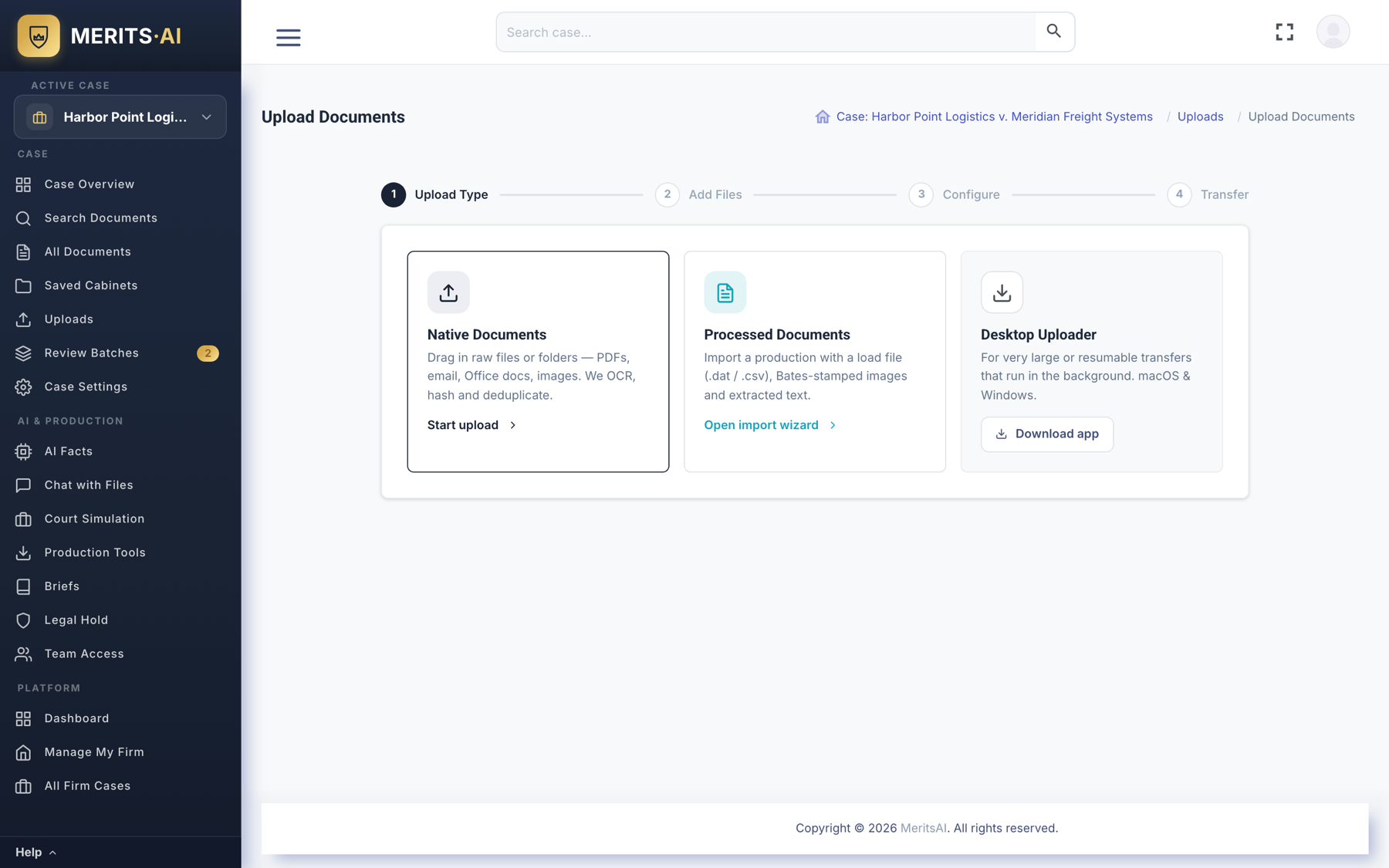 Upload documents: native files, processed load files or the desktop uploader