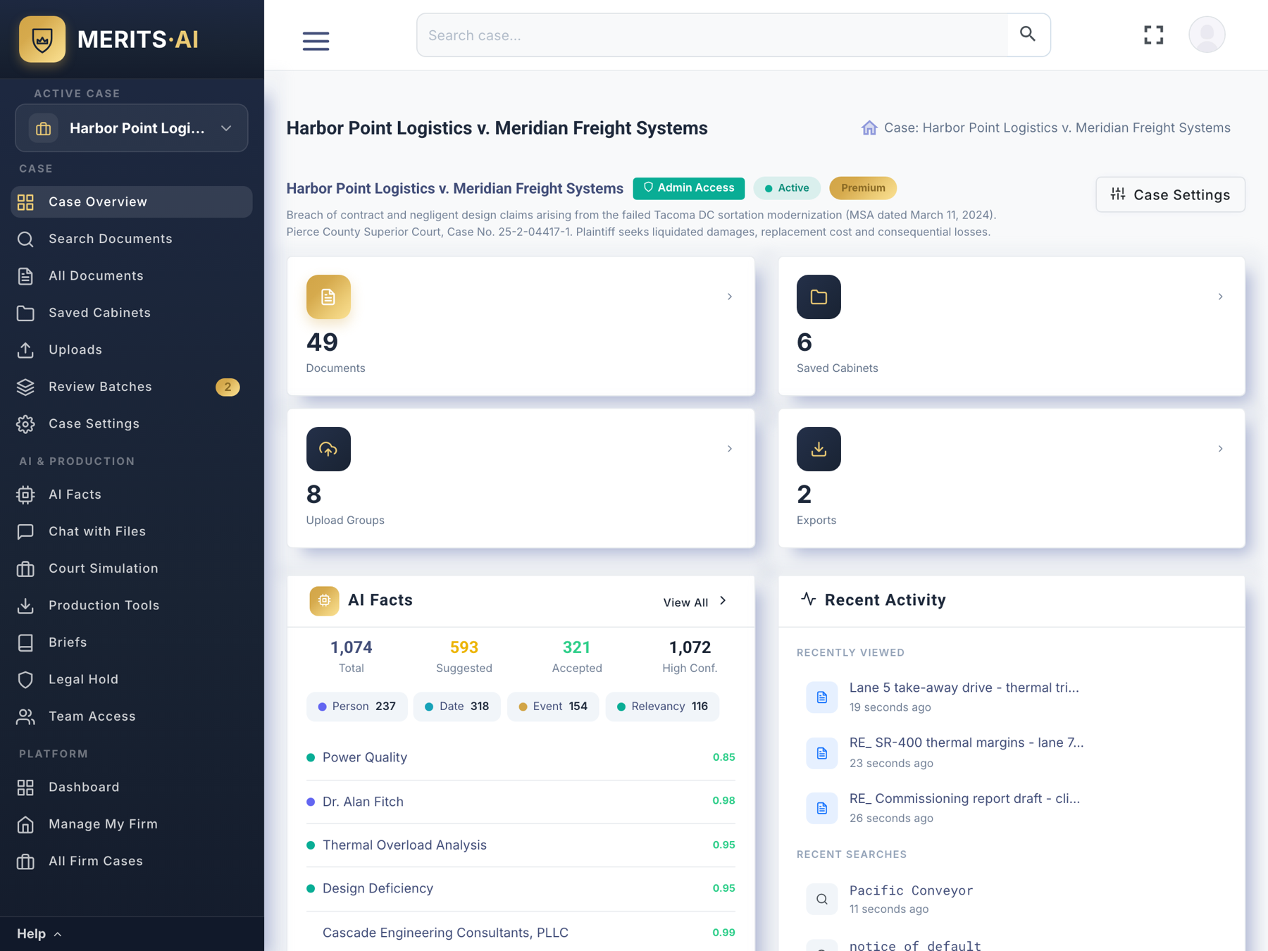 MeritsAI case overview: document, cabinet, upload and export counts with AI fact summary