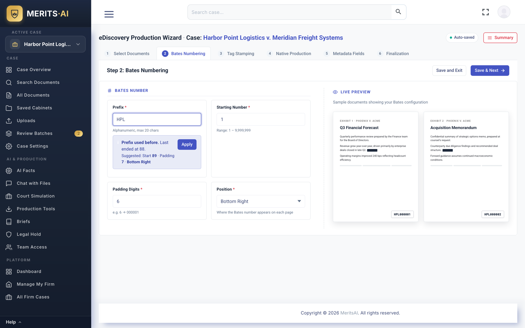 Production wizard: Bates numbering step with live preview