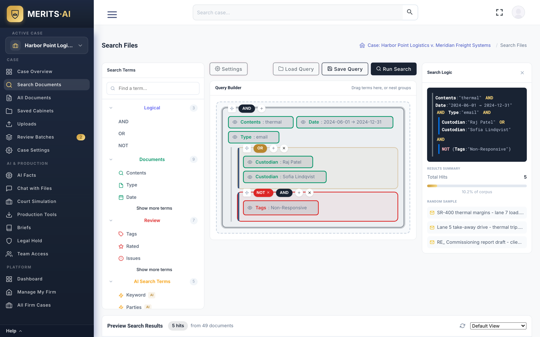 Advanced query builder with logical, document, review, AI and metadata terms
